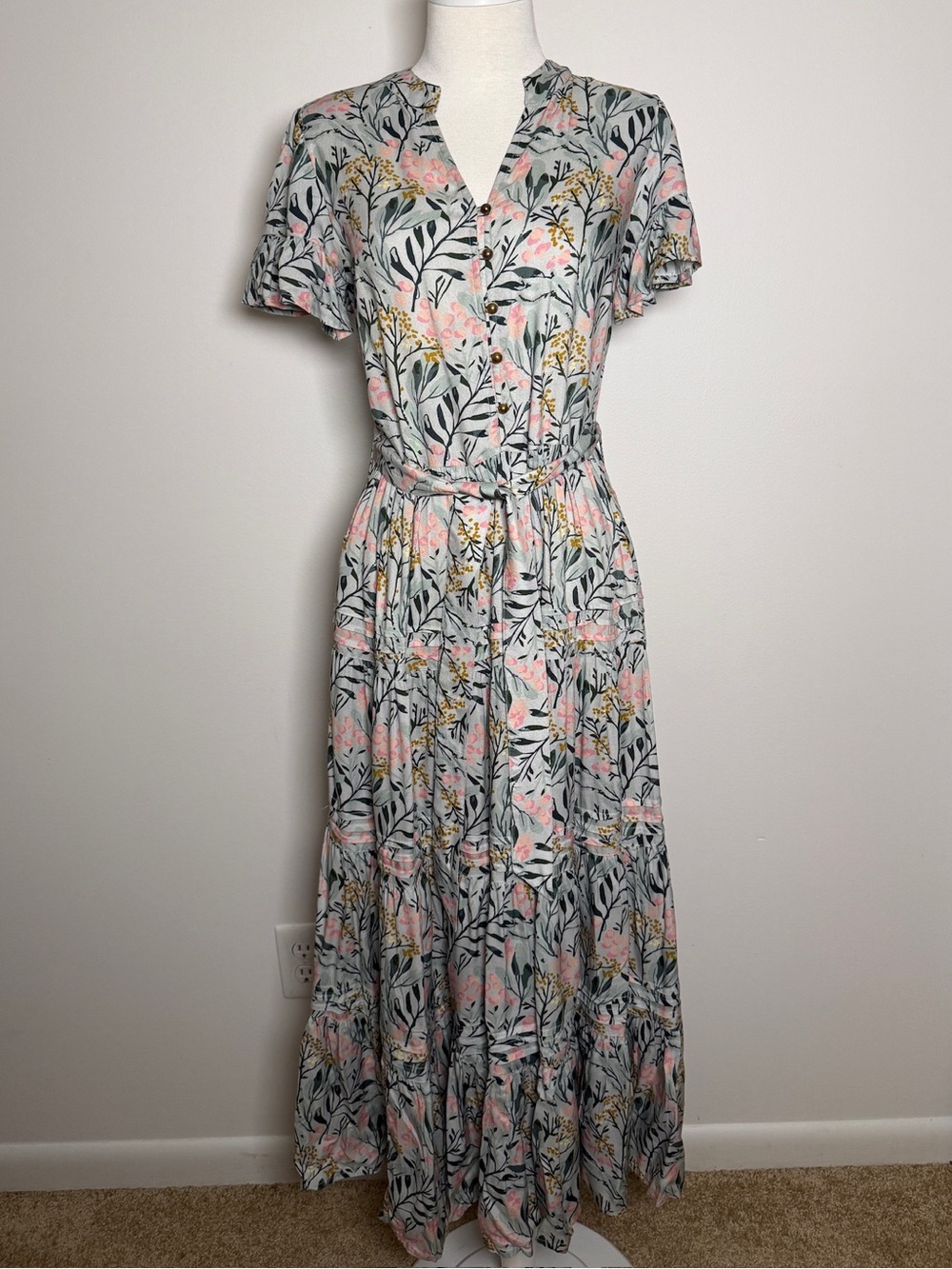 Floral V-Neck Tiered Maxi Dress in Light Gray and Pink